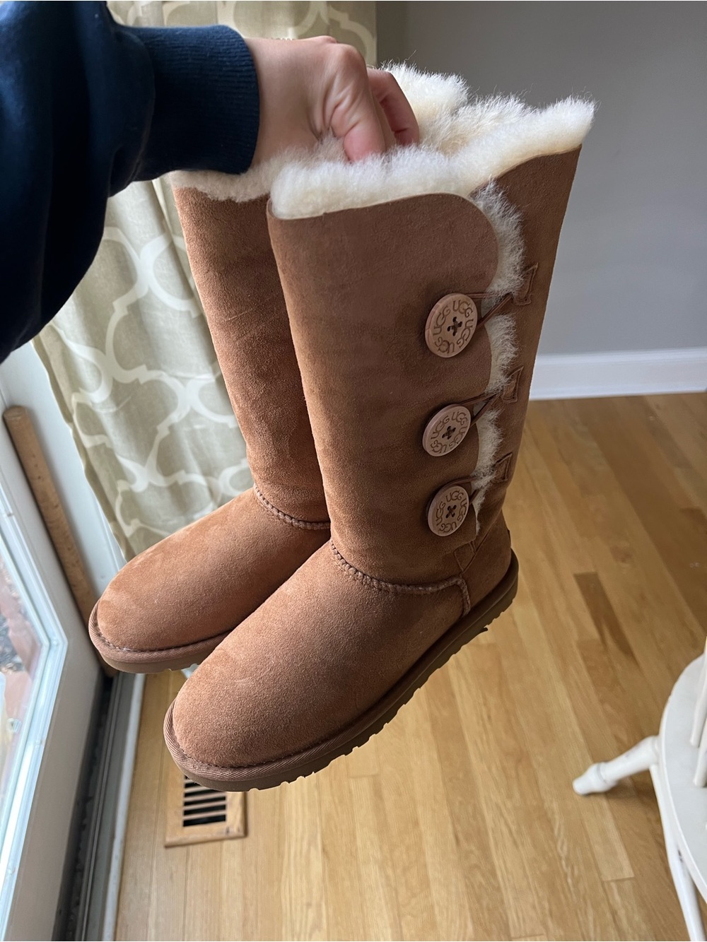 UGG Tall Triple-Button Shearling Boots in Chestnut